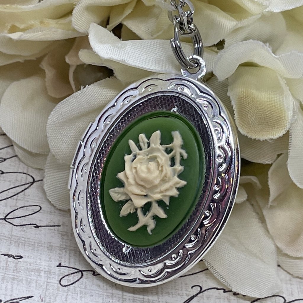 Dainty Silver Locket Cameo Green Cream Wedding Jewelry Gift Birthday Necklace 23$